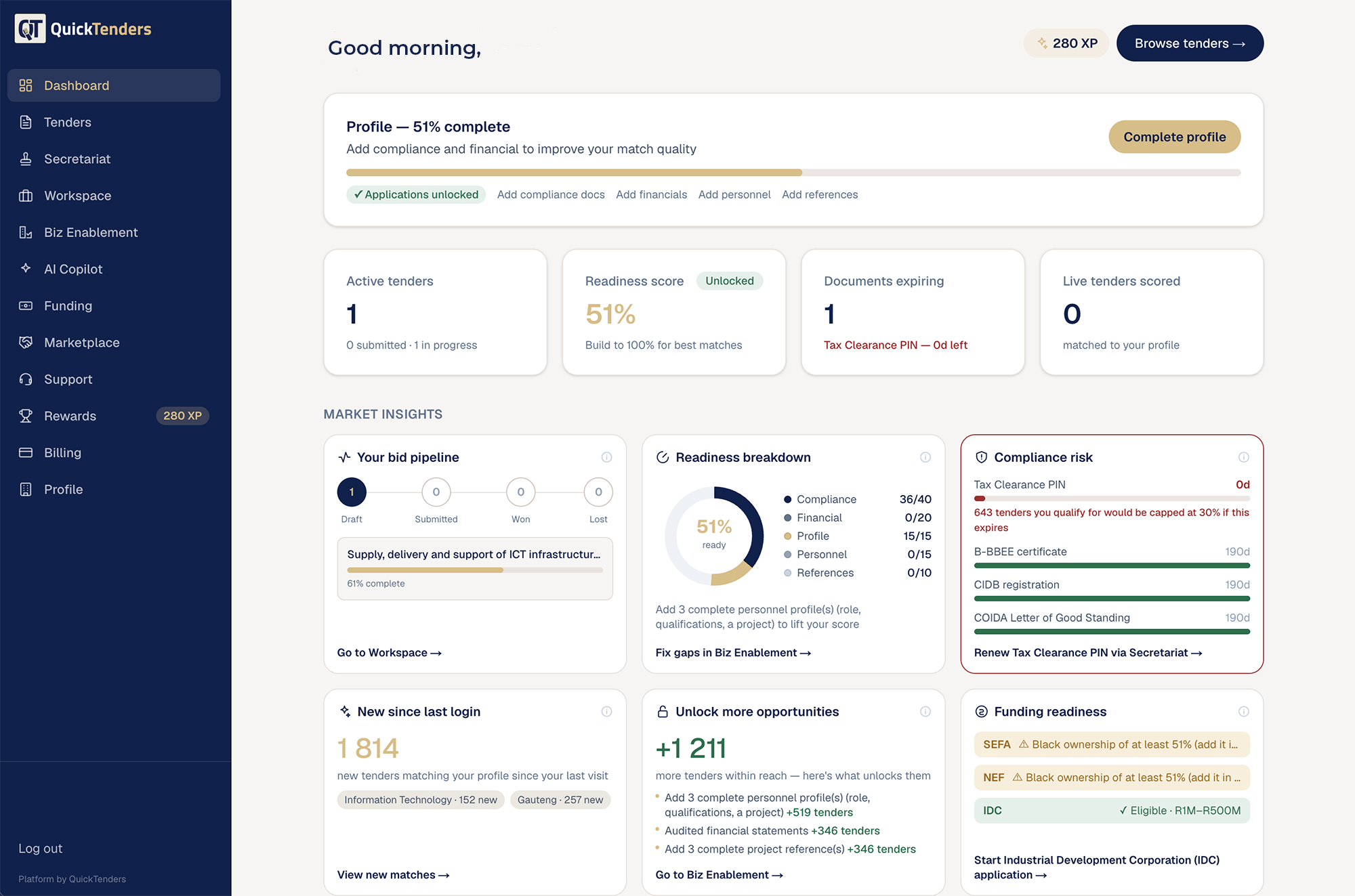 QuickTenders dashboard showing matched tenders with score badges and a readiness overview