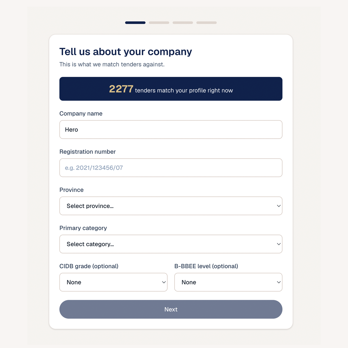 Onboarding profile builder with a live tenders-match counter