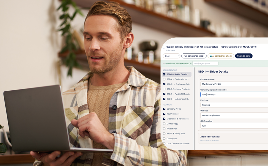 Tender Workspace three-pane editor with AI writing assistance