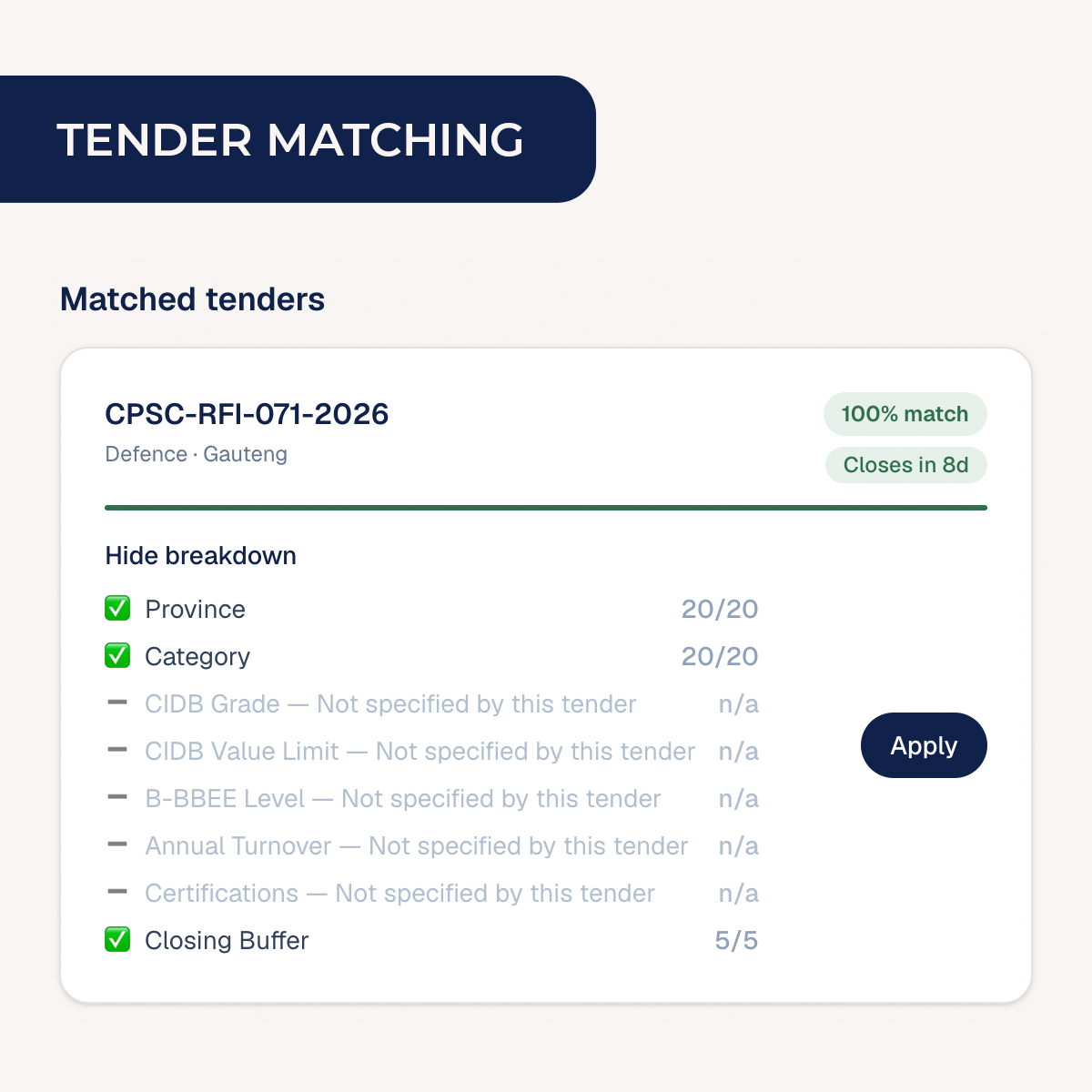 Matched tenders list with match-score badges and a Why this score breakdown